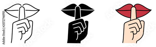 Foto Silence gesture icon set showing finger on lips in outline, filled, and colored styles
