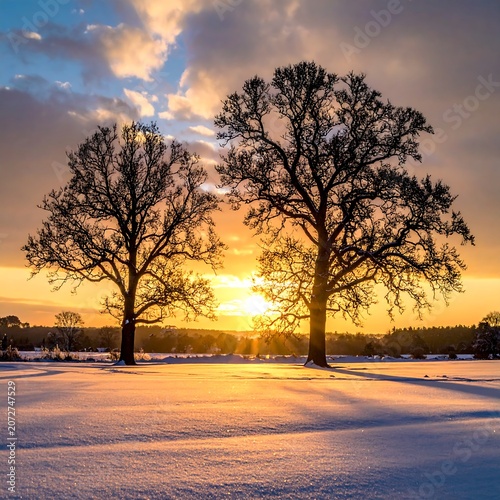Two silhouetted trees frame a sunset over a snowy field