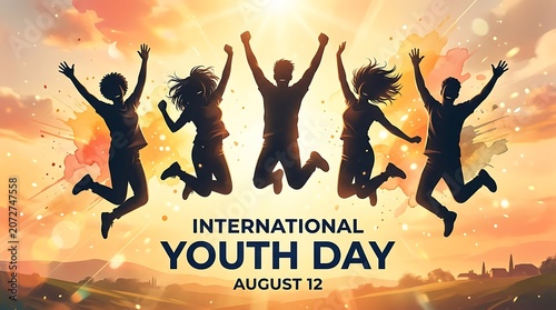 Happy diverse group of young people jumping joyfully at international youth day celebration event