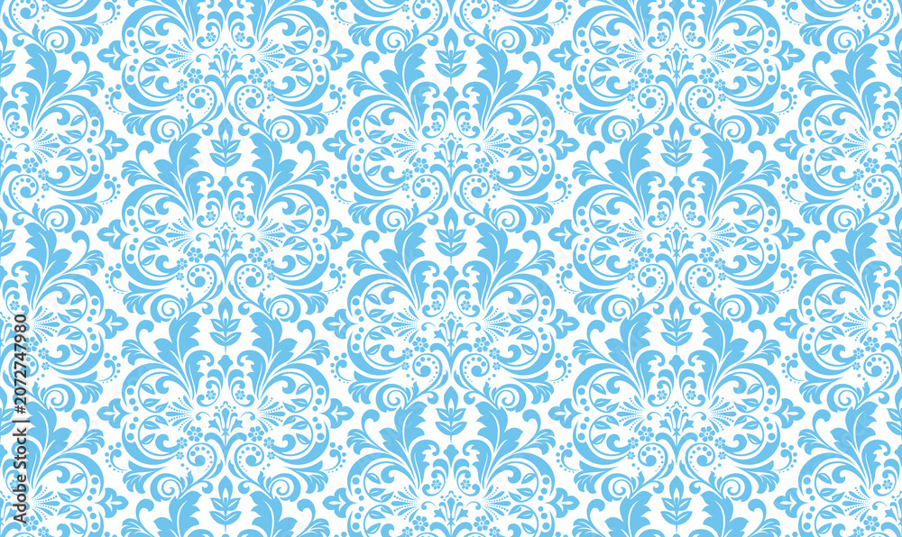 Fototapeta premium Floral pattern. Seamless vector background. Vintage wallpaper in the Baroque style. White and blue ornament for fabric, wallpaper, packaging. Ornate Damask flower illustration