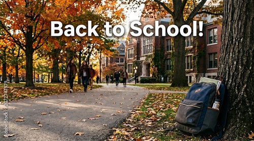 Happy students walking on a campus pathway with autumn leaves and backpacks ready