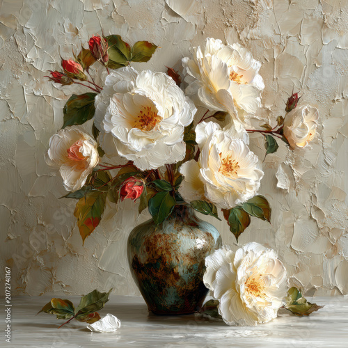 White rose impasto vase flower floral oil painting textured bloom still life petal, white rose bouquet rustic ceramic vase with thick paint texture plaster wall
