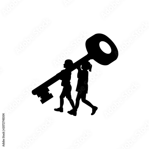 A minimalist silhouette of two children carrying a giant key together symbolizes opportunity. This vector is perfect for templates, banners, T-shirt designs, branding, and business applications etc.