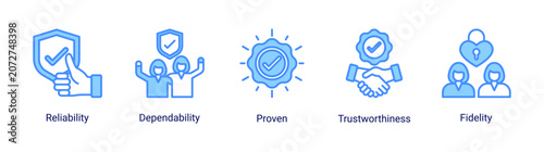 Obraz na płótnie Reliability icon set featuring dependability,trustworthiness,fidelity and proven performance concepts for professional credibility
