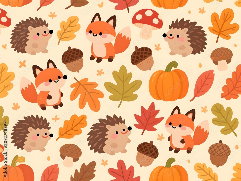 Fototapeta premium Autumn Greeting Seasons Seamless Pattern with Tiny Forest Friends and Falling Leaves