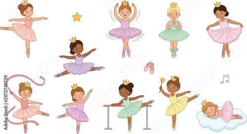 Foto Cute cartoon little ballerina princess girls vector set with diverse dance poses isolated kids design illustrations