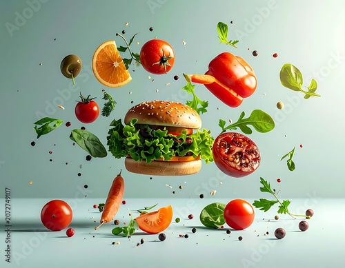 Fresh ingredients around a hamburger.