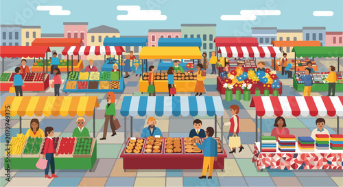 A bustling outdoor market scene with vibrant stalls and shoppers