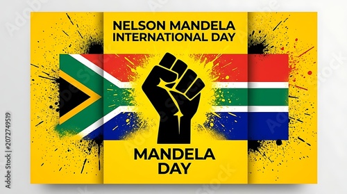 Vibrant nelson mandela international day poster with flags and raised fist illustration design