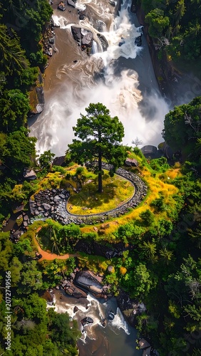 Aerial view of waterfall and road.