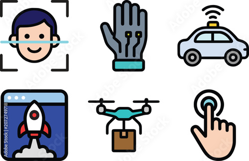 Autonomous vehicle, drone delivery, and face recognition technology icon sheet Flat