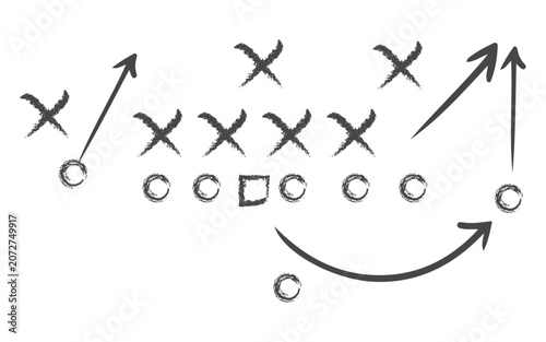 Hand Drawn Football Strategy Diagram – Soccer Tactics Playbook with X and O Symbols and Dashed Arrows Vector Illustration Web