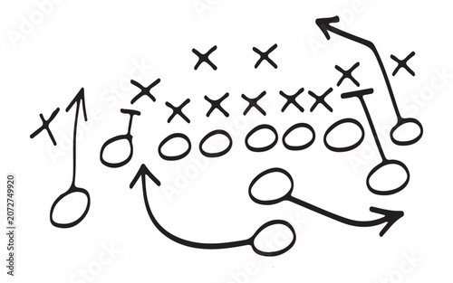 Hand Drawn Football Strategy Diagram – Soccer Tactics Playbook with X and O Symbols and Dashed Arrows Vector Illustration Web