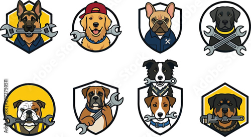 Obraz na płótnie Mechanic dog breed mascot logo badge set with wrench tool repair man helper cart
