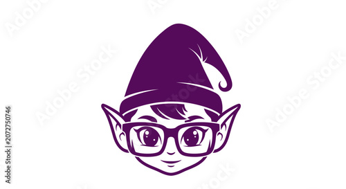 Photos Illustration of a cute elf with large eyes, pointy ears, glasses, and a hat