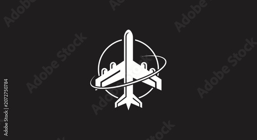 Konstfotografi Military emblem featuring a white jet with orbiting rings on black background