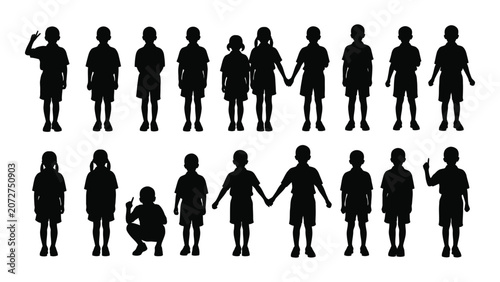 Black silhouettes of people in various poses and groups