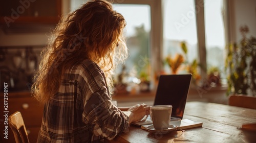 Woman Working on Laptop in Warm Morning Light at Cozy Home