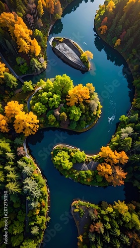 Aerial view of river with boat.