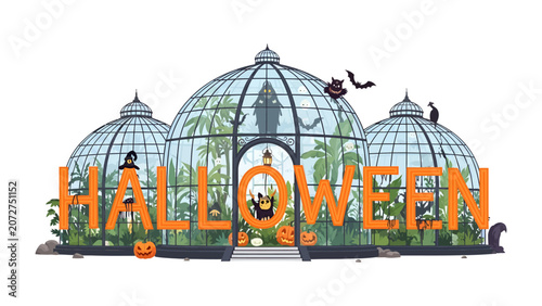 Fotografie Halloween Conservatory Spectacle: An enchanting illustration of a grand conservatory decorated for Halloween, featuring spooky pumpkins, bats