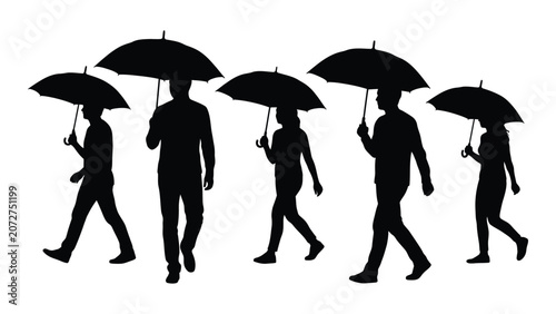 Black silhouettes of people walking with umbrellas