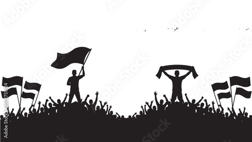 Schilderij op canvas Dual Sports Fan Heroes Holding Flags Above Cheering Crowd Silhouette Black Vecto