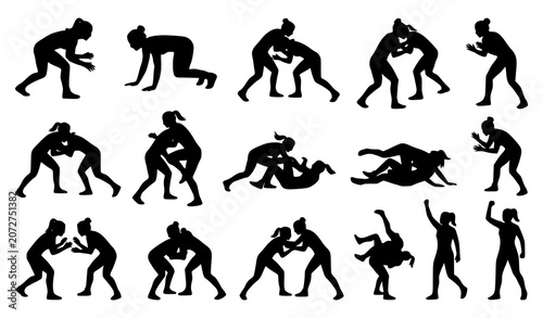 Photos Women wrestling athlete silhouettes isolated set with grappling combat and compe