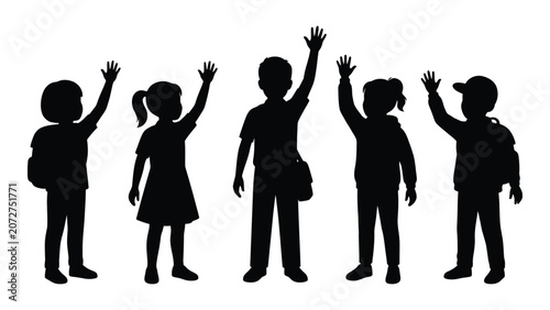 Black silhouettes of children waving hands