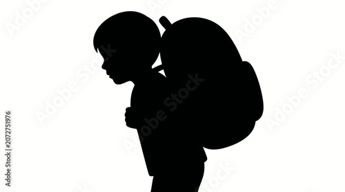 Konstfotografi Black silhouette, child with backpack, kid profile, dark shape, schoolboy vector
