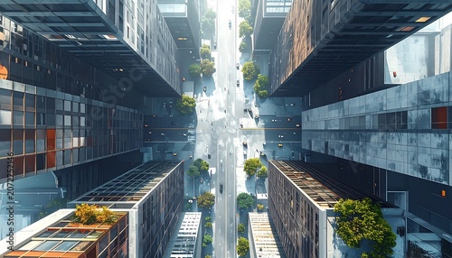 Modern city buildings with green spaces.