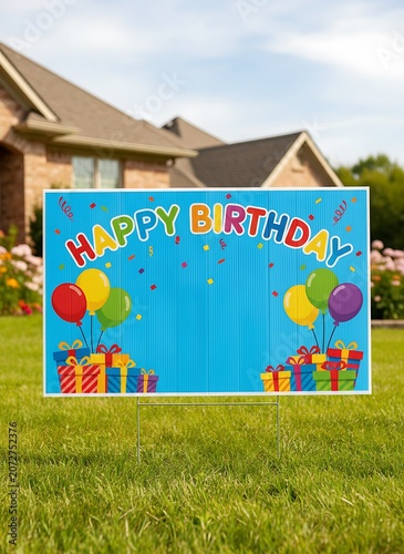 Colorful happy birthday yard sign with balloons and gifts outdoors