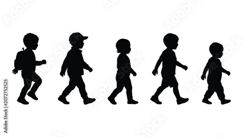 Black silhouettes of people walking in a row