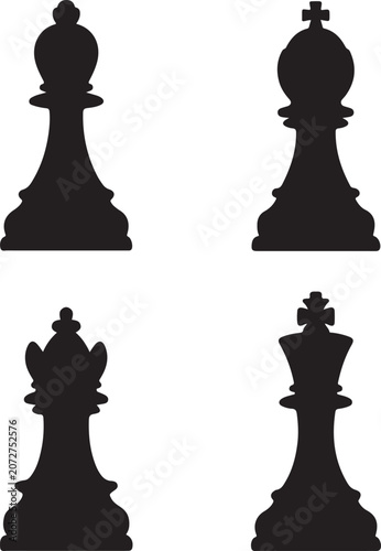 Four black silhouettes of chess pieces including the bishop, king, and queen isolated on a white background, for strategy games