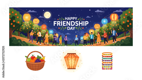 Fotografie Happy Friendship Day Celebration: A heartwarming scene depicting friends and family gathered under a starry night sky, illuminated by colorful lanterns and lush trees