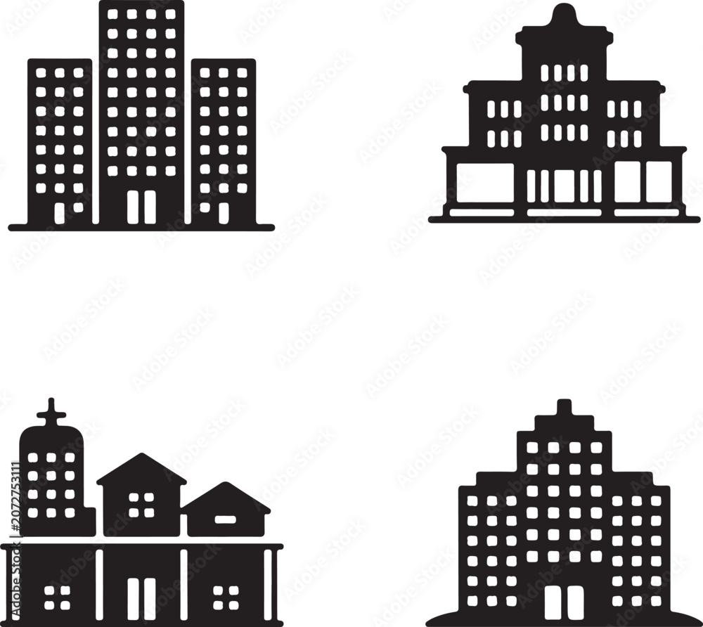 Fototapeta premium Set of four black and white depicting various types of urban buildings, office towers, and residential houses, set