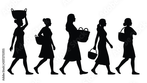 Black silhouettes of women walking with baskets