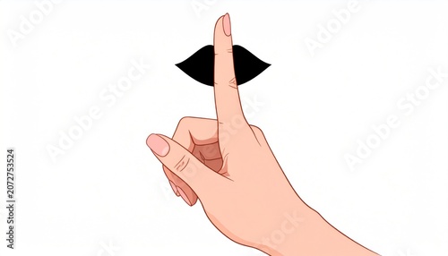 Illustration of a hand placing a finger over stylized black lips, signifying silence