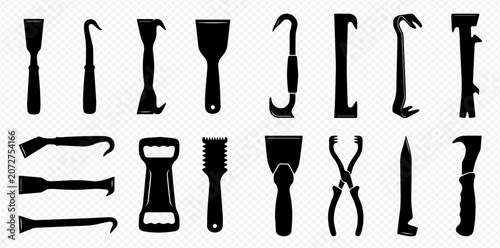 Tableau sur toile Collection of various construction and renovation tools, including scrapers, pry bars, and other hand tools, depicted as black silhouettes on a transparent background
