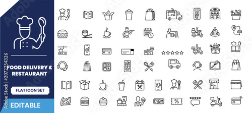 Foto Food delivery and restaurant line icons set editable vector graphics
