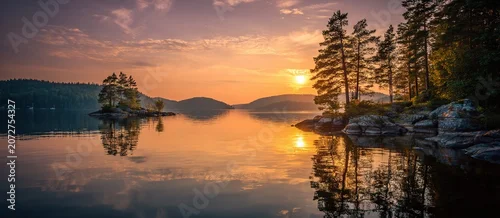 Panel kuchenny z motywem Stunning Sunset Over Calm Lake with Perfect Reflection of Sky and Trees in Dreamlike Landscape