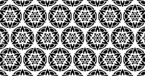 Black and white seamless geometric floral pattern with intricate circular ornaments. Repeating vector background ideal for wallpaper, textile, packaging, and decorative surface design.