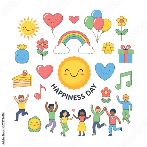 A colorful illustration celebrating happiness with smiling sun