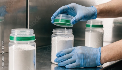 Closeup medium shot focusing on tamper seal application on gypsum food additive containers in a sterile packaging environment showcasing precision and safety.