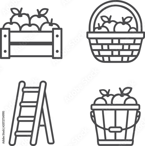 Apple harvesting icons with crate basket ladder and pail