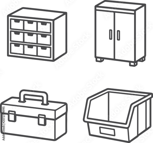Collection of storage containers and cabinets