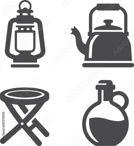 Camping icons lantern kettle stool jug