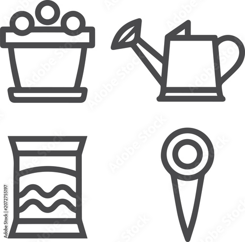 Gardening icons with a plant pot watering can seeds and marker