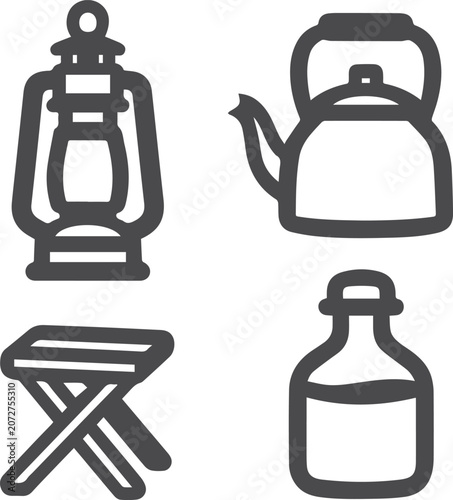 Camping essentials icons lantern kettle stool and bottle