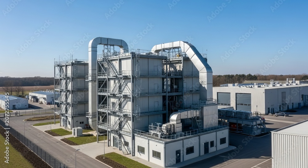 Fototapeta premium Modern Biomass Energy Plant Facility with Extensive Industrial Infrastructure and Power Generation Systems
