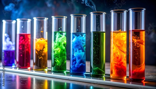 Colorful liquid samples in laboratory test tubes scientific research